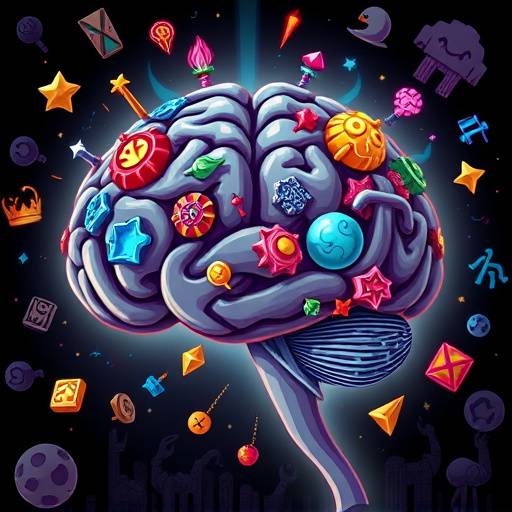 Brain illustration with game-related symbols